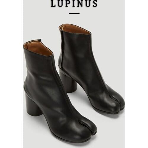 Split Toes High Heel Boots Women Genuine Leather Chunky Heels Ankle Boots For Women Street Style Brand Design Women Shoes 2021