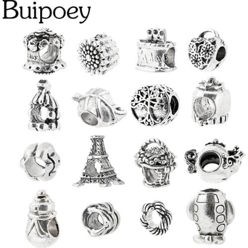 Buipoey Dropshipping Silver Color Beads Charm Fit Bracelet & Necklace For Women Jewelry Accessory Beaded Wholesale BD0241-0280