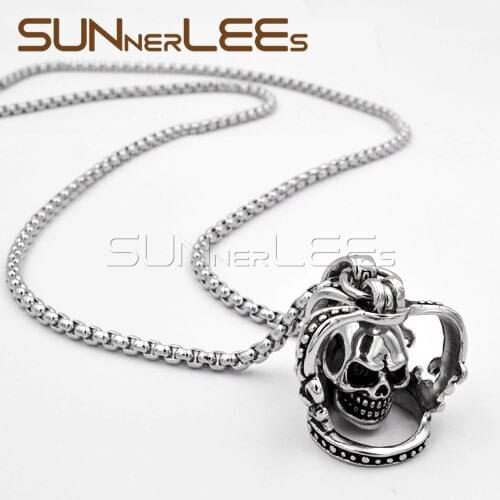 SUNNERLEES 316L Stainless Steel Pendant Necklace Punk Pumpkin Skull Link Chain Men Women Halloween Gift SP04