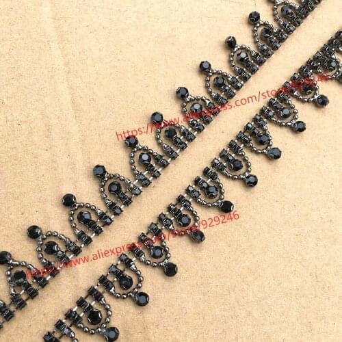 2cm black crystal chain for dress clothes collar decoration heart shape crystal fringe for coat shoes bags ornaments DIY strass