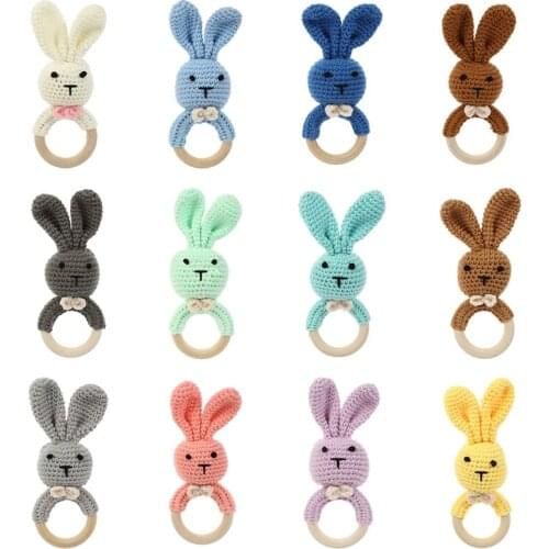 DIY Crochet Bunny Rattle Baby Wooden Teether Ring Infant Teething Nursing Soother Play Gym Educational Toy for Newborn