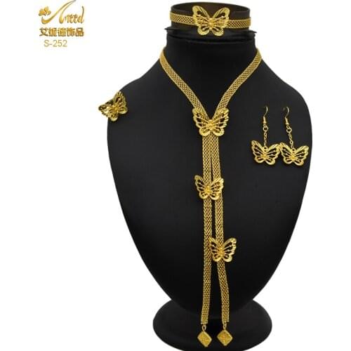 Ethiopian Bridal Wedding Jewelry Set For Women Dubai Gold Butterfly Pendant Necklace And Earrings Long Nigerian Jewellery Gift