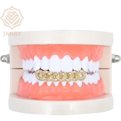 JANRY Cuban Link Grillz Pure HQ Gold Color Plated Hip Hop Bottom Teeth Grills Flooded CZ Stones Chain Tooth Grill For Women Men