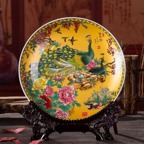 Jingdezhen Ceramic Plate Vintage Chinese Traditional Plate Home Decoration With Base Fine Smooth Surface Furnishing Articles