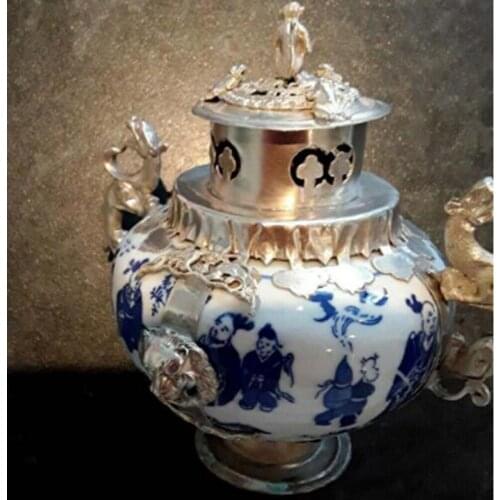 Chinese Antique Porcelain Inlaid Tibetan Silver&Monkey Lid Incense Burner