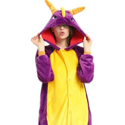 Animals Purple Dragon Dinosaur Costume Adult Men Onesies Kigurumi Flannel Women Anime Jumpsuit Disguise Onepiece Hooded Suit