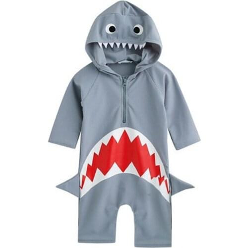 Ircomll Swimsuit for Boy One-piece Swimsuits Hooded Middle Sleeve Cute Shark Teeth Baby Swimming Pool Bathing Suit