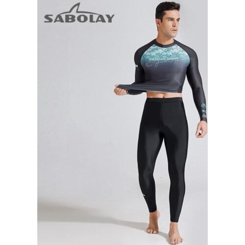 Men Two Pieces Long Sleeve Rashguard Swimsuit Tops +Pants Surfing Suit UPF 50+ Beach Spearfishing Diving Beach Bathing Shirt