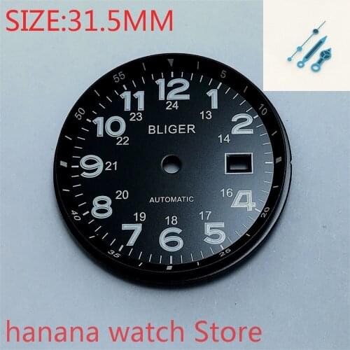 Bliger 31.5mm Dial Date Kit with Hands MH35 36 Mens Watch Night Plate Parts black