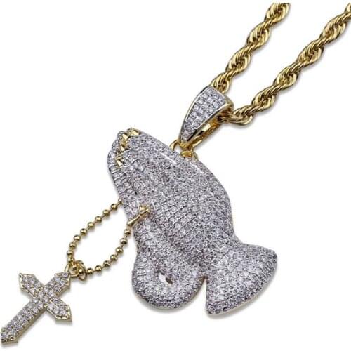 Stainless Steel RCross Prayer Gesture Retro Necklace Zircon Hip Hop Trendy Men and Women Mens Jewelry