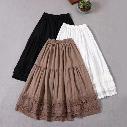 New Summer Women Thin A-line Skirt Japan Style Mori Girl Solid Color Embroidery Lace Women Loose Cotton Skirt