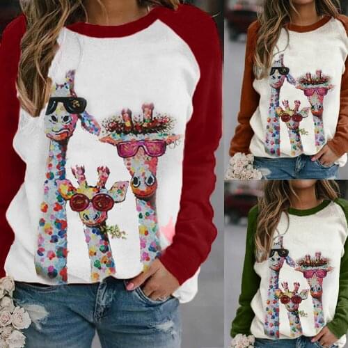 Spring and Autumn New European and American Womens Long-Sleeved Digital Printing Round Neck Womens T-Shirt