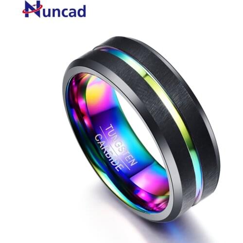 Nuncad 8MM wide Black Matte Plating Colorful Slotted Tungsten Steel Ring Anniversary gift Tungsten rings for mens Jewelry T084R