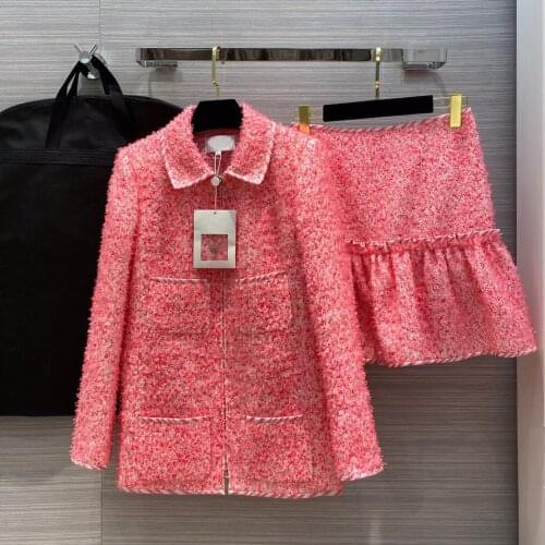 2021 Spring Autumn Chic womens High quality Elegant tweed 100%Silk lining Pockets Pink coat C033