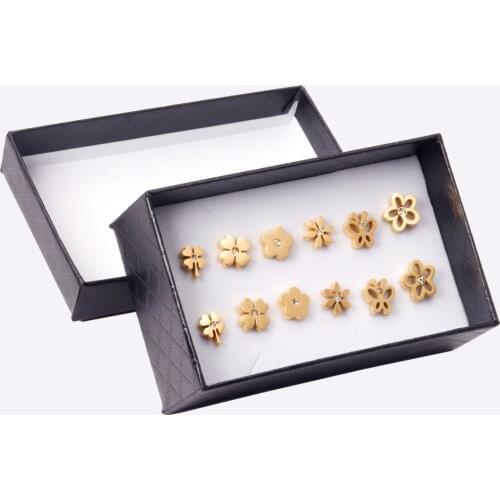 6Pair/Box Flowers Earrings Crystal Zircon Stainless Steel Anti-allergy Ear Studs Gold Silver Color for Women Daily Wear Jewelry