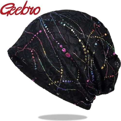 Geebro Women Summer Lace Breathable Sunscreen Sun Hat Female Fashion Spring Autumn Windproof Warm Black Cap Headscarf