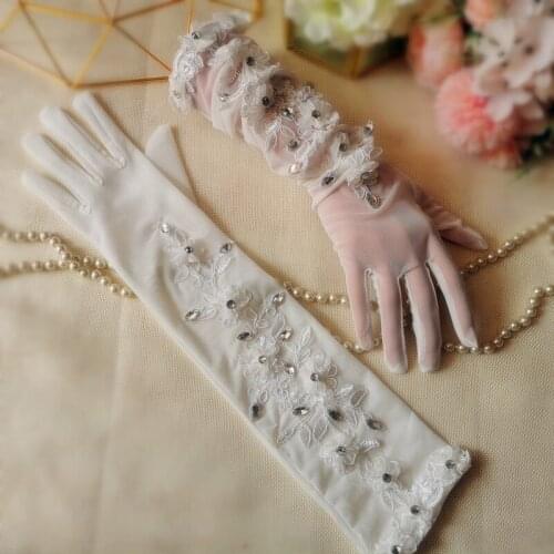 Bridal Gloves Women White Rhinestone Lace Tulle Flower Wedding Gloves Fingers Short Guantes Wedding Accessories For bride