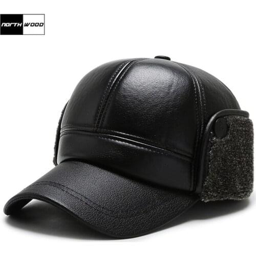NORTHWOOD Warm Winter Bomber Hat PU Leather Black Baseball Cap for Men Velvet Thick Mens Cap Earflaps Gorras Hombre Snapback
