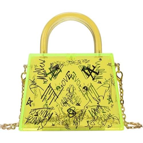 Graffiti Pattern Trapezoidal Acrylic Box Ladies Party Clutch Fashion Women Chain Shoulder Bag Designer Bags Purses and Handbags