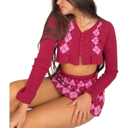 Y2K Fashion Argyle Plaid Knitted Co-ord Sets E-girl Sweet Long Sleeve Ruffles Crop Tops and Mini Skirts Suit 2 Pcs