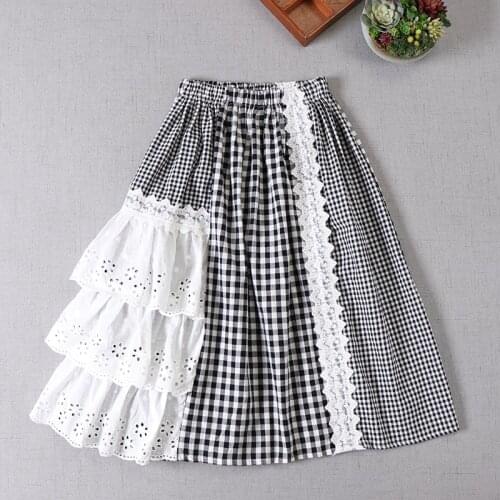 Japan Style Mori Girl Black White Plaid Cotton linen Skirt Lace irregular A-line Women Skirts