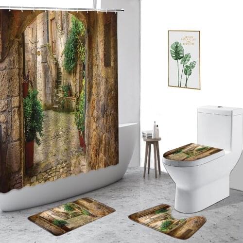 3D Garden Scenery Shower Curtain Antique Stone Door Green Plant Street View Bathroom Decor Set Non-Slip Carpet Toilet Cover Rug