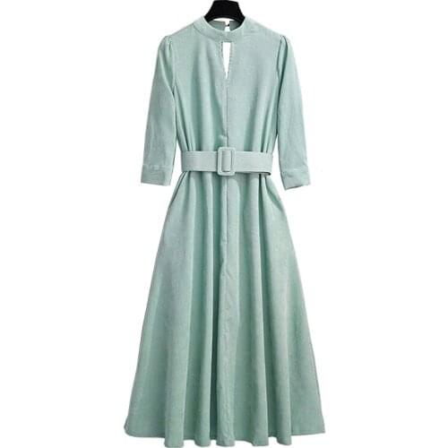 PERHAPS U Green Corduroy Stand Collar 3/4 Sleeve Sash Vintage Solid A-line Maxi Dress D1726