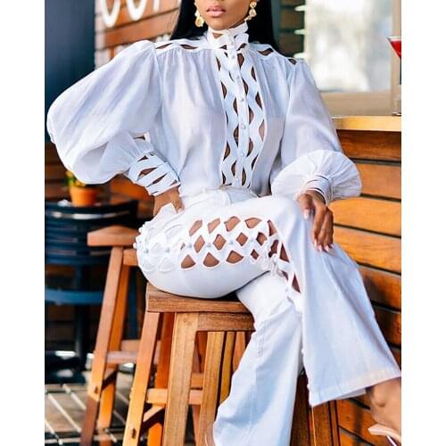 RMSFE 2021 Ladies Fashion Lace Shirt White Long Style Temperament Commuter Long Sleeve Solid Color Pants Retro Two-piece Set