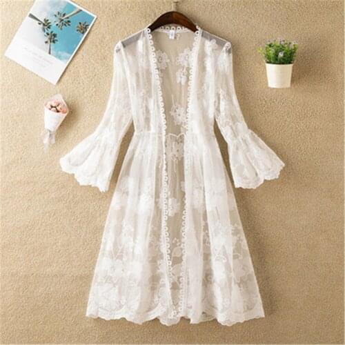 Korean 2020 New Women Summer Three Quarter Flare Sleeve Floral Lace Thin Long Cardigan Coat Ladies Solid Wild Casual Open Stitch