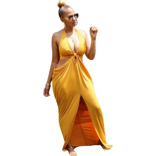 2021 Summer Sexy Sling V-neck Long Dress Ladies Elegant Party Club Ladies Halter Dress Hollow Robe Retro Boho Long Dress New