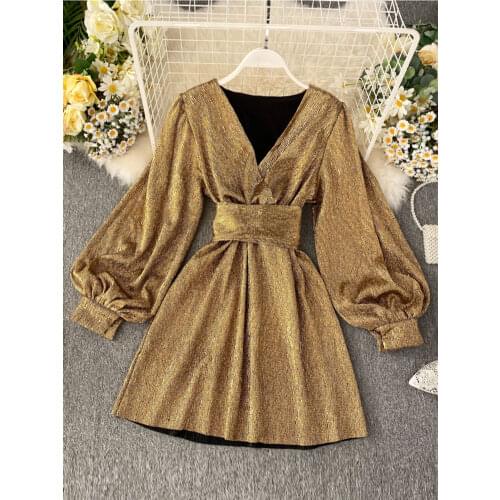Spring Autumn Womens Bright Color Dress V-neck Lantern Sleeve Gold Bright Silk Lace Retro Dress Female Sexy Party Dress GD205