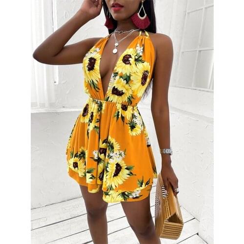 CHRONSTYLE Women Sexy Deep V-neck Sunflower Print Dress Halter Backless Sleeveless Off Shoulder High Waist Beach Mini Dress 2021
