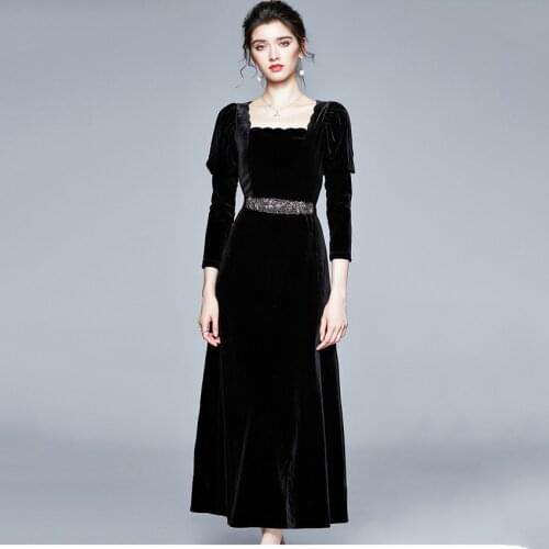 Designer Dresses Runway 2020 High Quality Party Dresses Long French Style Puff Sleeve Vintage Black Velvet Dress Autumn Winter