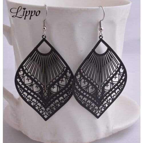 2 pairs Summer Style Cheap Fan Earring Black White Yellow Purple Copper Filigree Big Dangle Earrings for woman