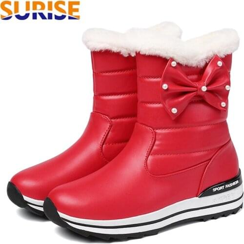 2020 Winter Women Warm Fur Snow Boots Pink Red Black Casual Travel Sweet Lolita Girls Bowtie Slip-on Wedge Platform Short Boots