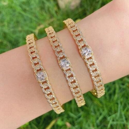3PCS, Female Gold-Color Crystal CZ Curb Link Chain Cuff Bangles For Women Girls Punk Geometric Bangles Bracelet Fashion Jewelry