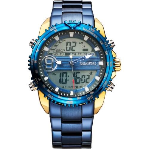Duantai Steel Belt Multifunctional Double Movement Mens Watch Electronic Watch Sports Watch Waterproof Luminous Quartz Watch
