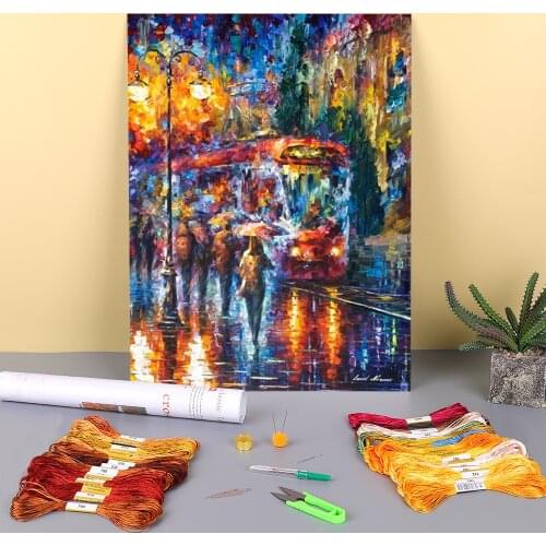 Rainy Trolley Printed Canvas 11CT Cross-Stitch DIY Embroidery Patterns DMC Threads Knitting Handmade Needlework Needle