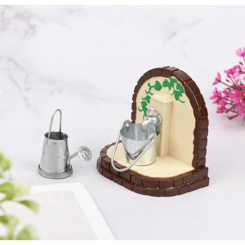 1:12 Dollhouse Miniature Water Tap Bucket Watering Can Potted Plants Hoe Set Doll Gardening Tool Garden Decor Toys