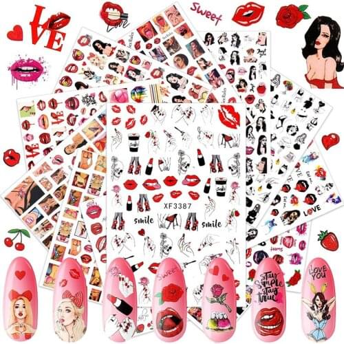 Fashion Design 2D Nail Art Sticker Sexy Happy Women Lips Girls Adhesive Nails Glitter Accessories for Press on Nails Salon Tools