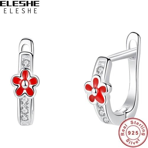 Fashion Red Enamel Flower Stud Earrings Authentic 925 Sterling Silver Clear CZ Earrings For Girls Kids Children Jewelry