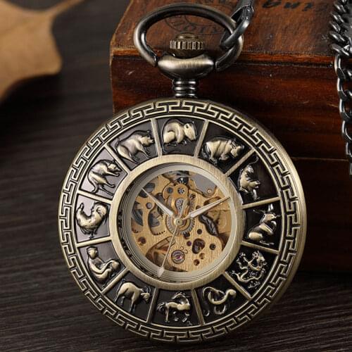 Chinese Zodiac Bronze Vintage Stainless Steel Hand Wind Mechanical Pocket Watch Men Analog Skeleton Men Chain Watch Necklace