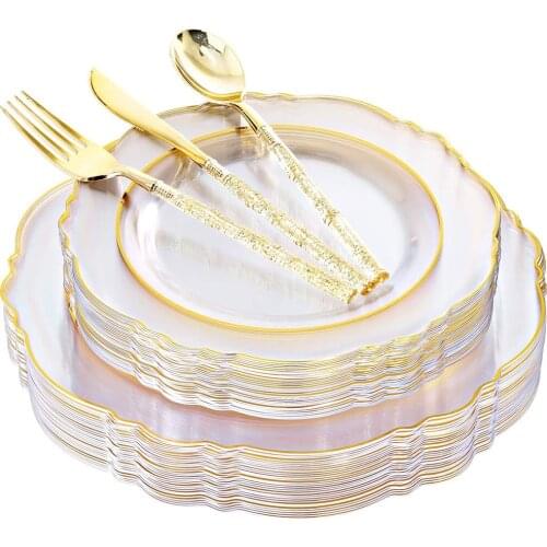 50 Pcs Disposable Tableware Baroque Transparent Golden Plastic Plate Silverware With Glitter Suitable for Weddings and Parties