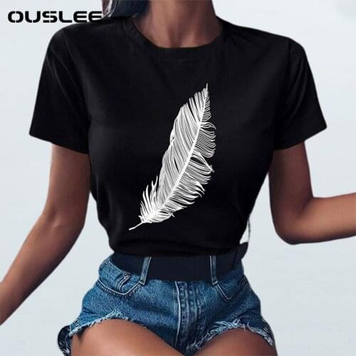Ouslee Women Casual Harajuku Feather Short Sleeve Elastic Loose O-neck Printing Elastic Stretched Summer Home Lady Tee Shirt