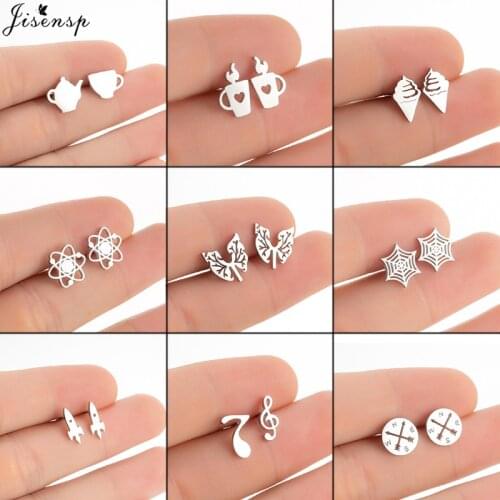 Jisensp Stainless Steel Earrings Creative Fashion Jewelry Unique Design Coffee Cup Teapot Stud Earrings for Women Gift Funny