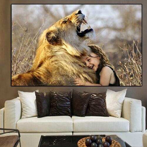Modern Animal Landscape Lion and Child Oil Painting on Canvas Posters and Prints Cuadros Wall Art Pictures for Living Room
