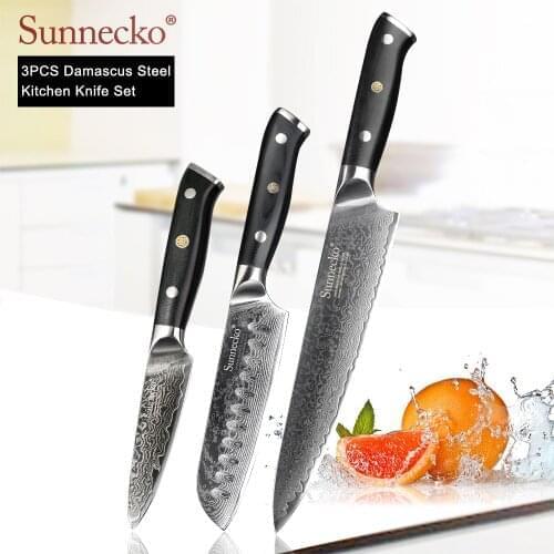 SUNNECKO Premium 8'' Chef 5'' Santoku 3.5'' Paring Knife Damascus Japanese VG10 Steel Blade G10 Handle 3PCS Kitchen Knives Set