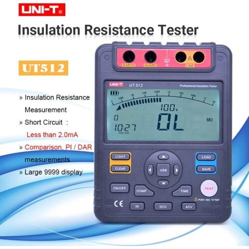 UNI-T UT512 Insulation Resistance Tester 2500V Automatic Range Digital Megohmmeter Data Storage Polarization Index LCD Backlight