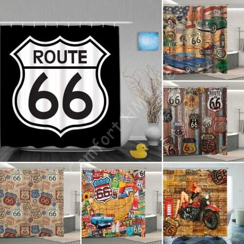 Polyester Fabric Shower Curtain Set with 12 Plastic Hooks Decorative Bath Curtains US Route 66 Sign 72x78 inches