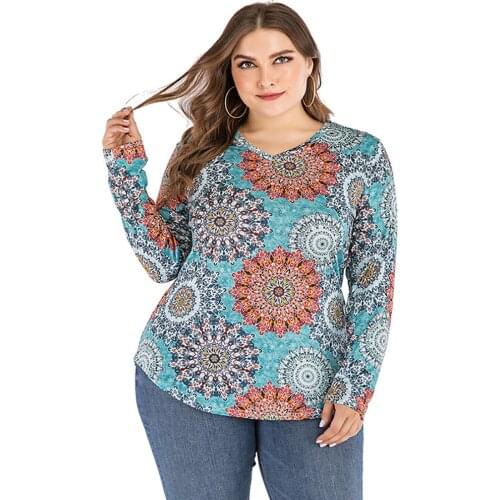 2021 Autumn Blouse Women V Neck Long Sleeve Retro Printing Vintage Blouse Plus Size Women Clothing Ladies Tunic Tops